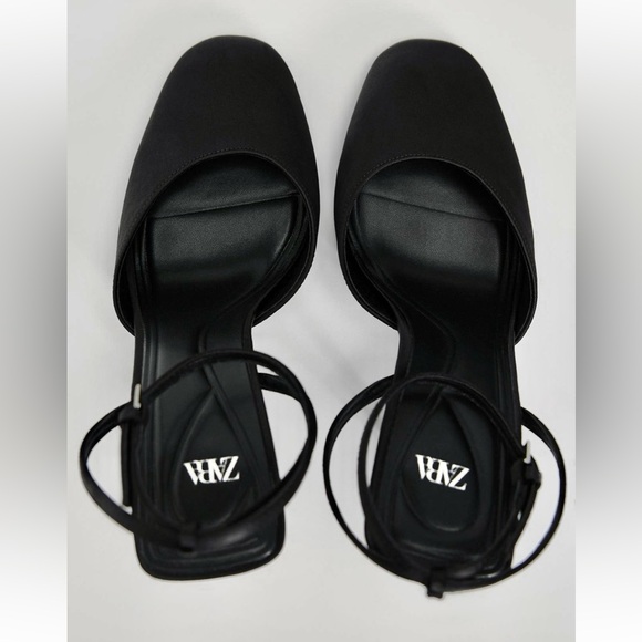 Zara NWT black satin fabric round toe ankle strap side buckle closed toe heels - Picture 3 of 8